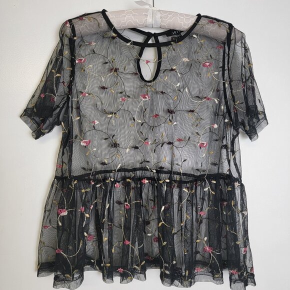 iris Tops - IRIS Embroidered Floral Mesh Top Blouse Women's L Boho Short Sleeve